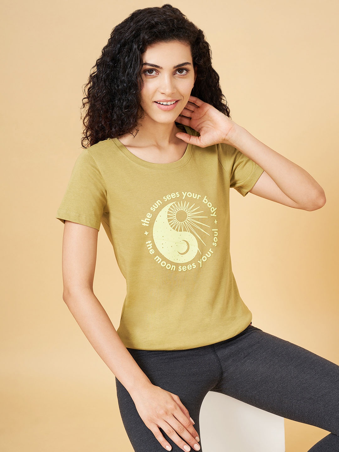 

Ajile by Pantaloons Typography Printed Round Neck Cotton T-shirt, Green