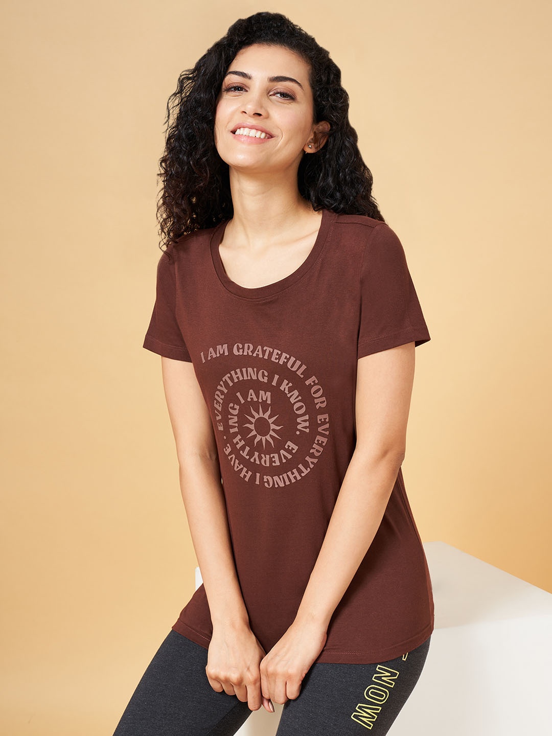 

Ajile by Pantaloons Typography Round Neck Half Sleeves Cotton Casual T-shirt, Brown