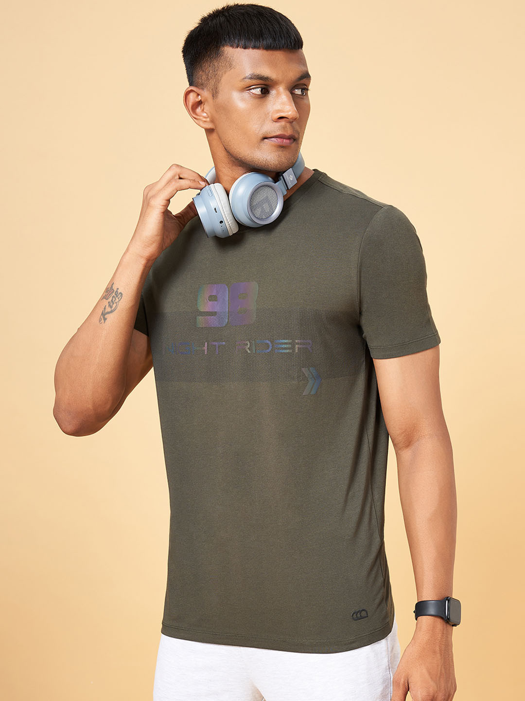 

Ajile by Pantaloons Typography Round Neck Half Sleeves Applique Slim Fit Sports T-shirt, Green