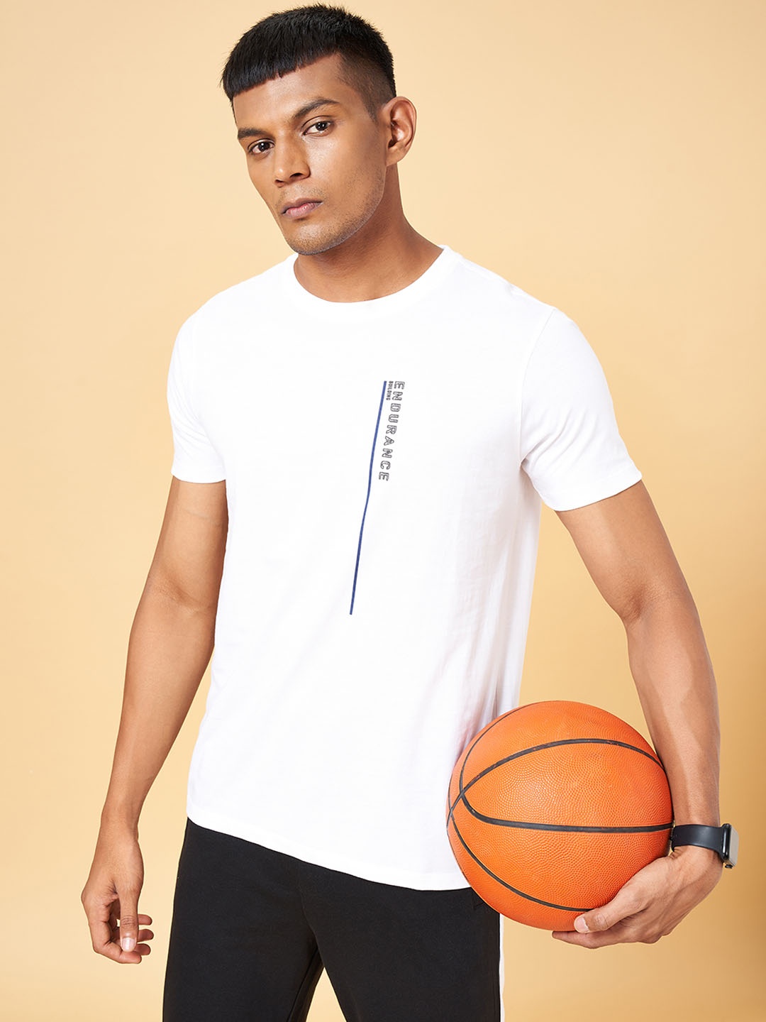 Ajile by Pantaloons Typography Round Neck Half Sleeves Cotton Slim Fit Sports T-shirt, White