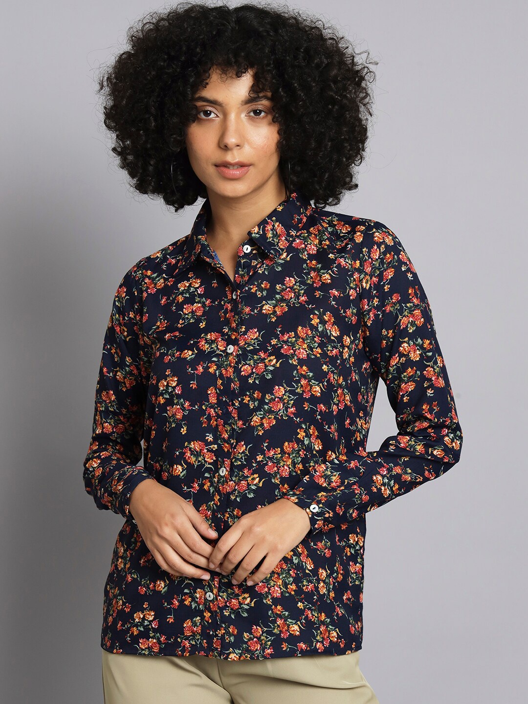 

BROOWL Spread Collar Floral printed Cotton Casual Shirt, Navy blue