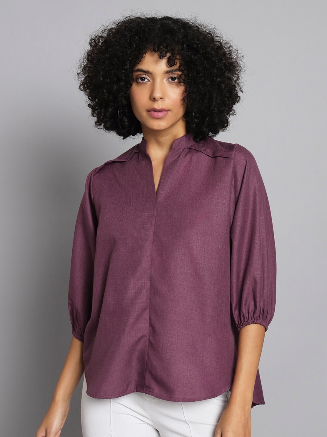 

BROOWL Mandarin Collar Cotton Shirt Style Top, Burgundy