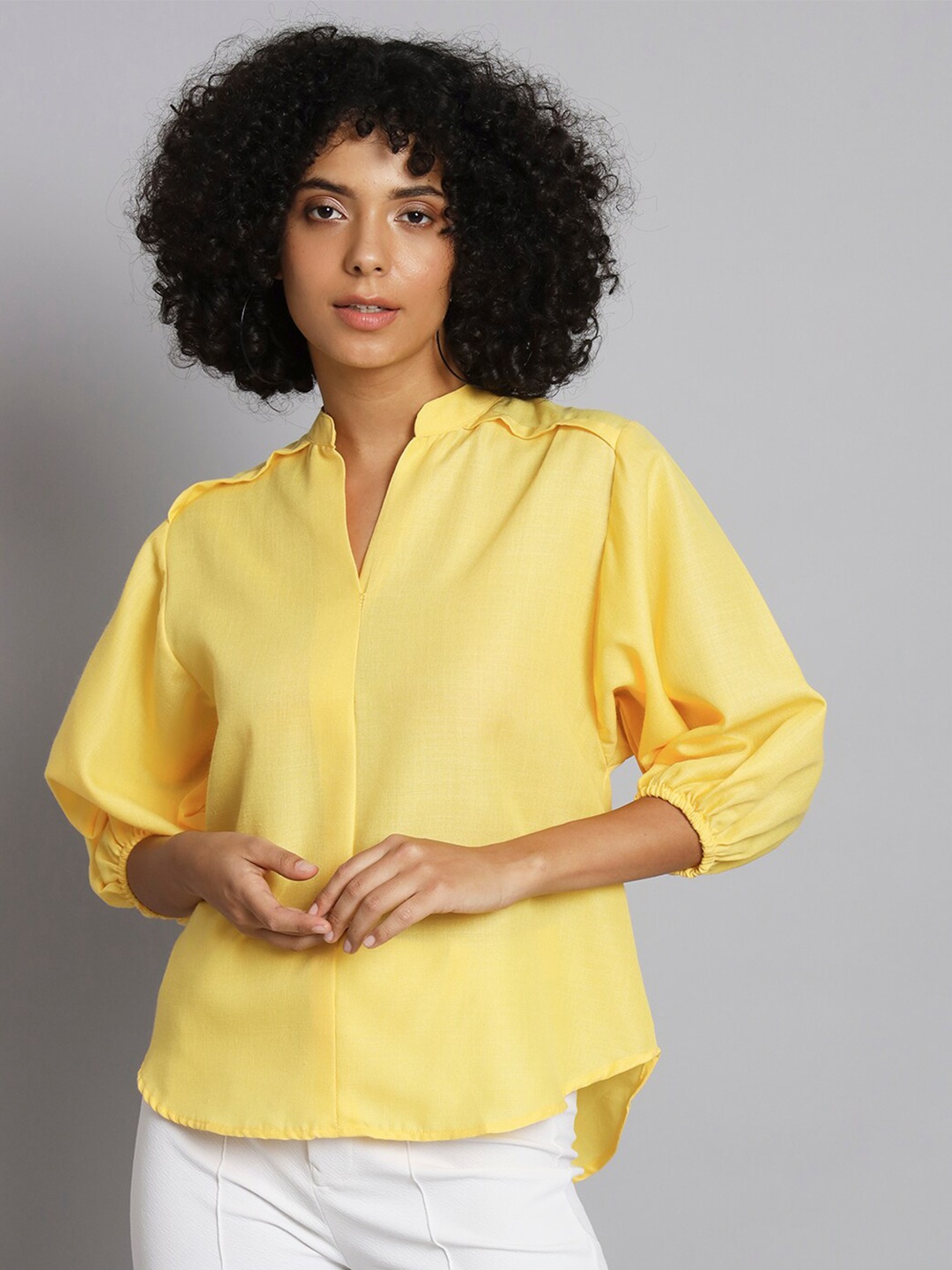 

BROOWL Mandarin Collar Cotton Shirt Style Top, Yellow