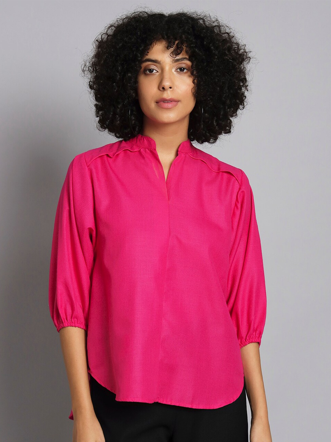 

BROOWL Mandarin Collar Cotton Shirt Style Top, Fuchsia