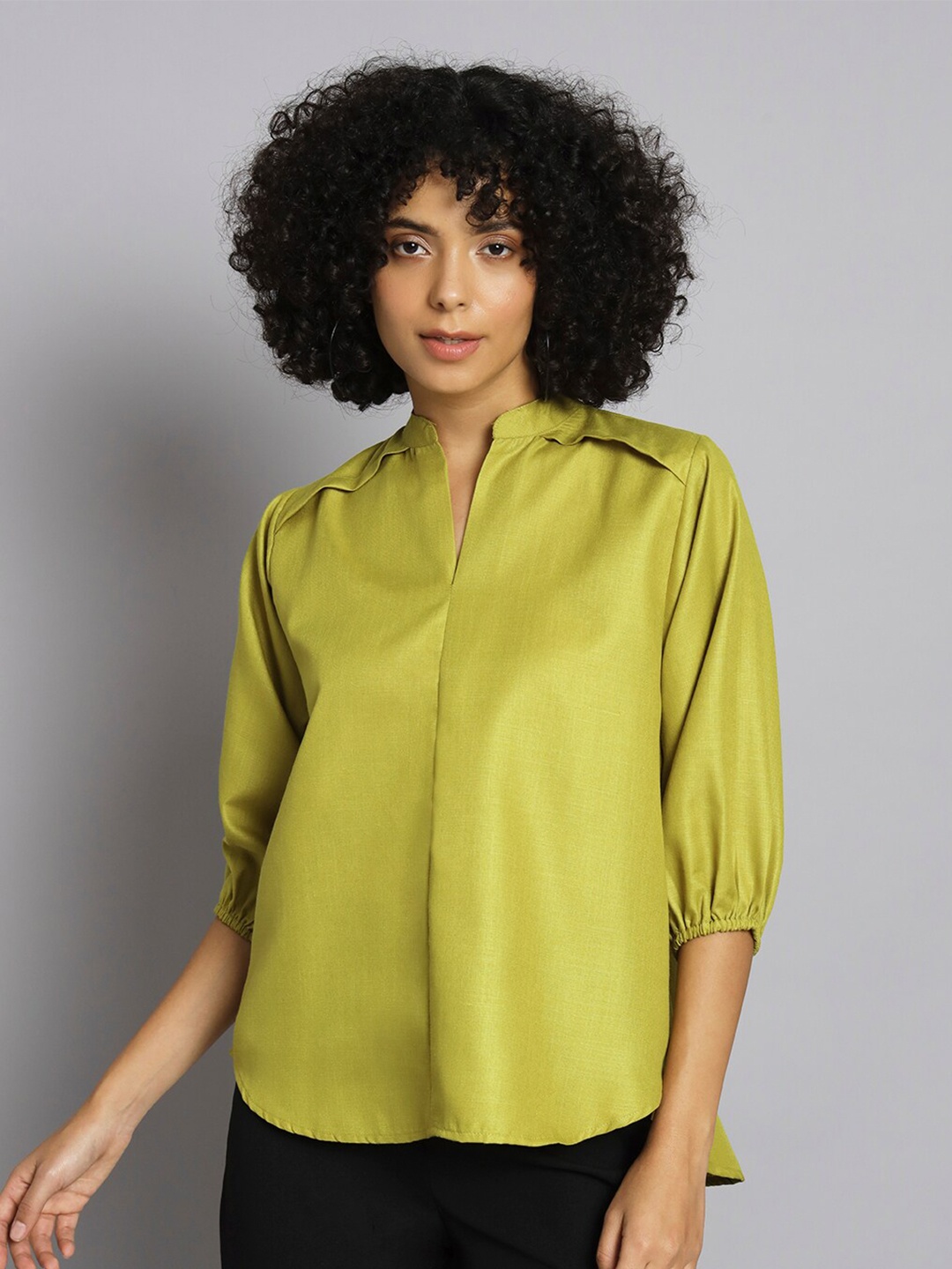 

BROOWL Mandarin Collar Cotton Shirt Style Top, Green