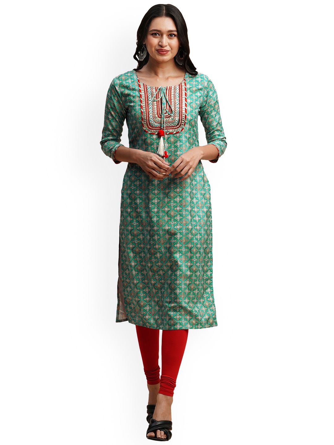 

Nimayaa Floral Printed Round Neck Cotton Straight Kurta, Sea green