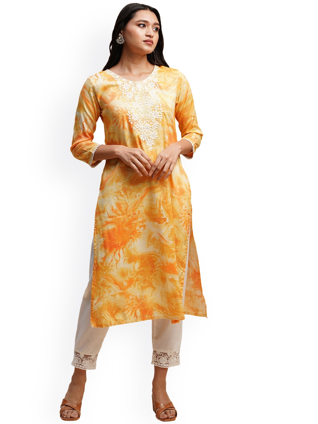 

Nimayaa Abstract Printed Yoke Design Embroidered Straight Kurta, Mustard