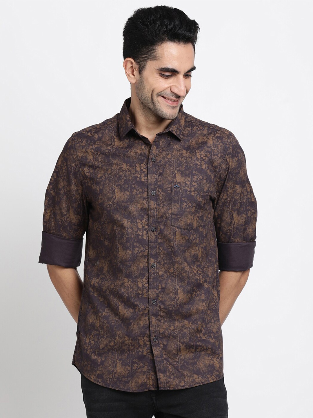 

Turtle Relaxed Slim Fit Floral Opaque Printed Casual Shirt, Brown