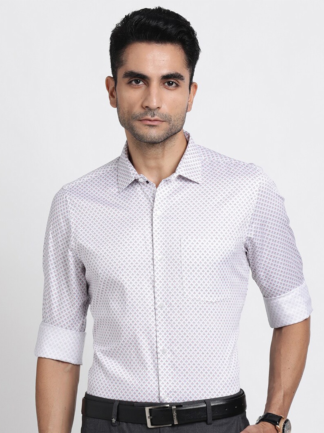 

Turtle Modern Slim Fit Opaque Printed Formal Shirt, White