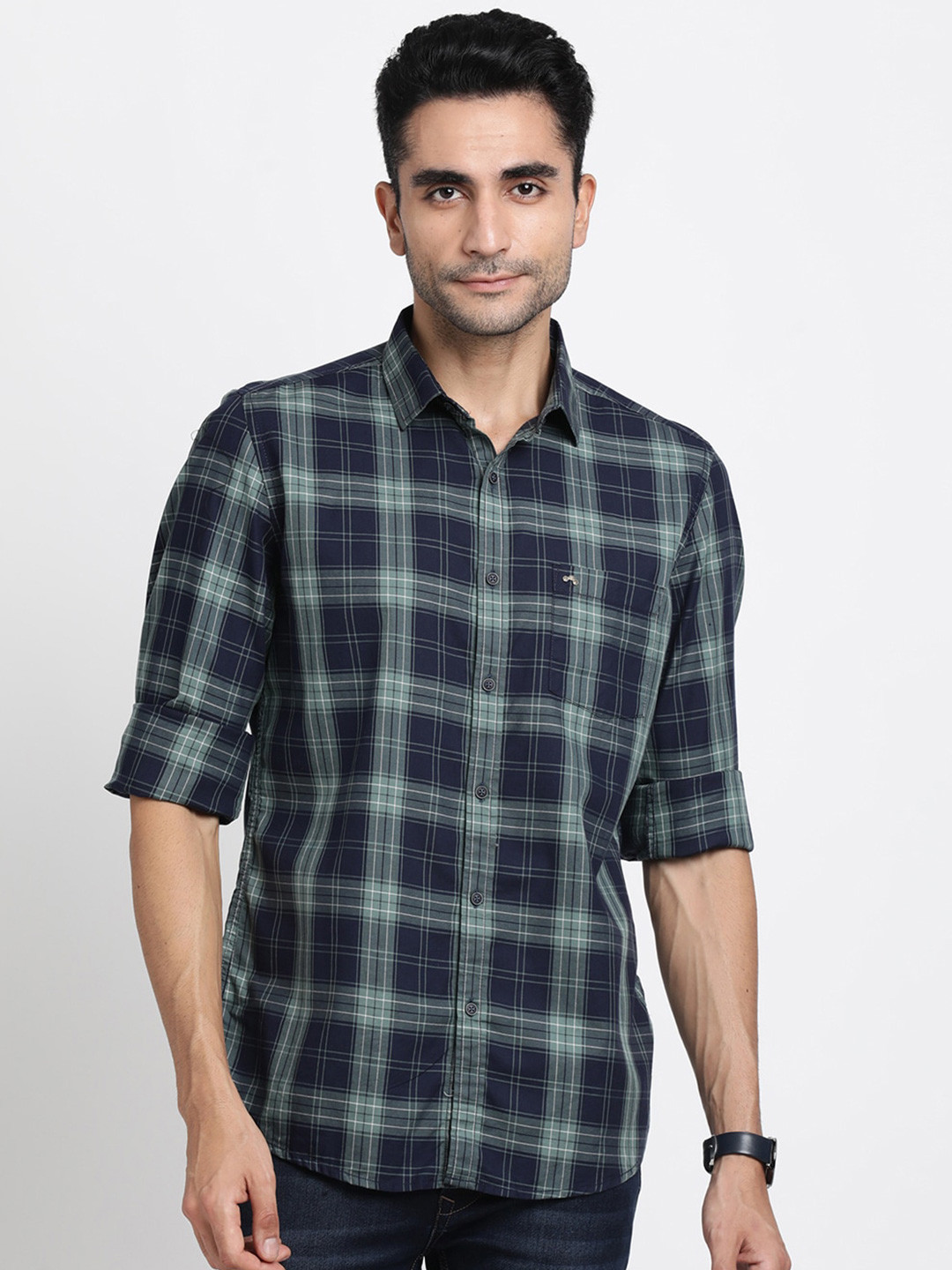 

Turtle Relaxed Slim Fit Tartan Checked Casual Shirt, Navy blue