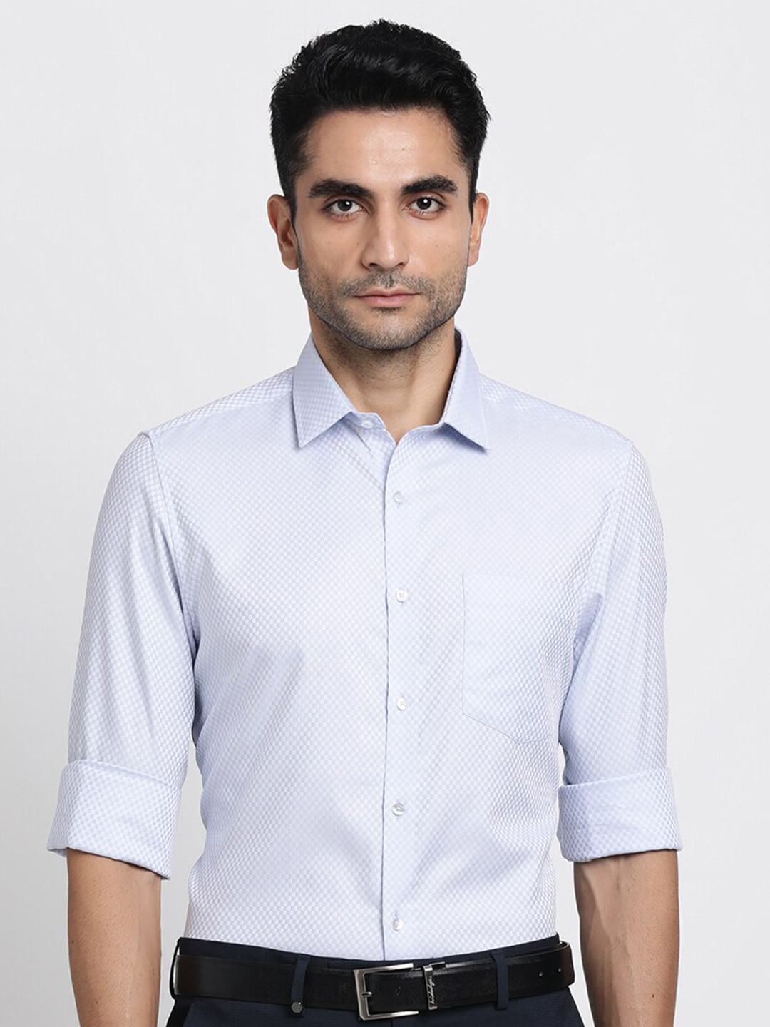 

Turtle Modern Slim Fit Micro Checks Formal Shirt, Blue