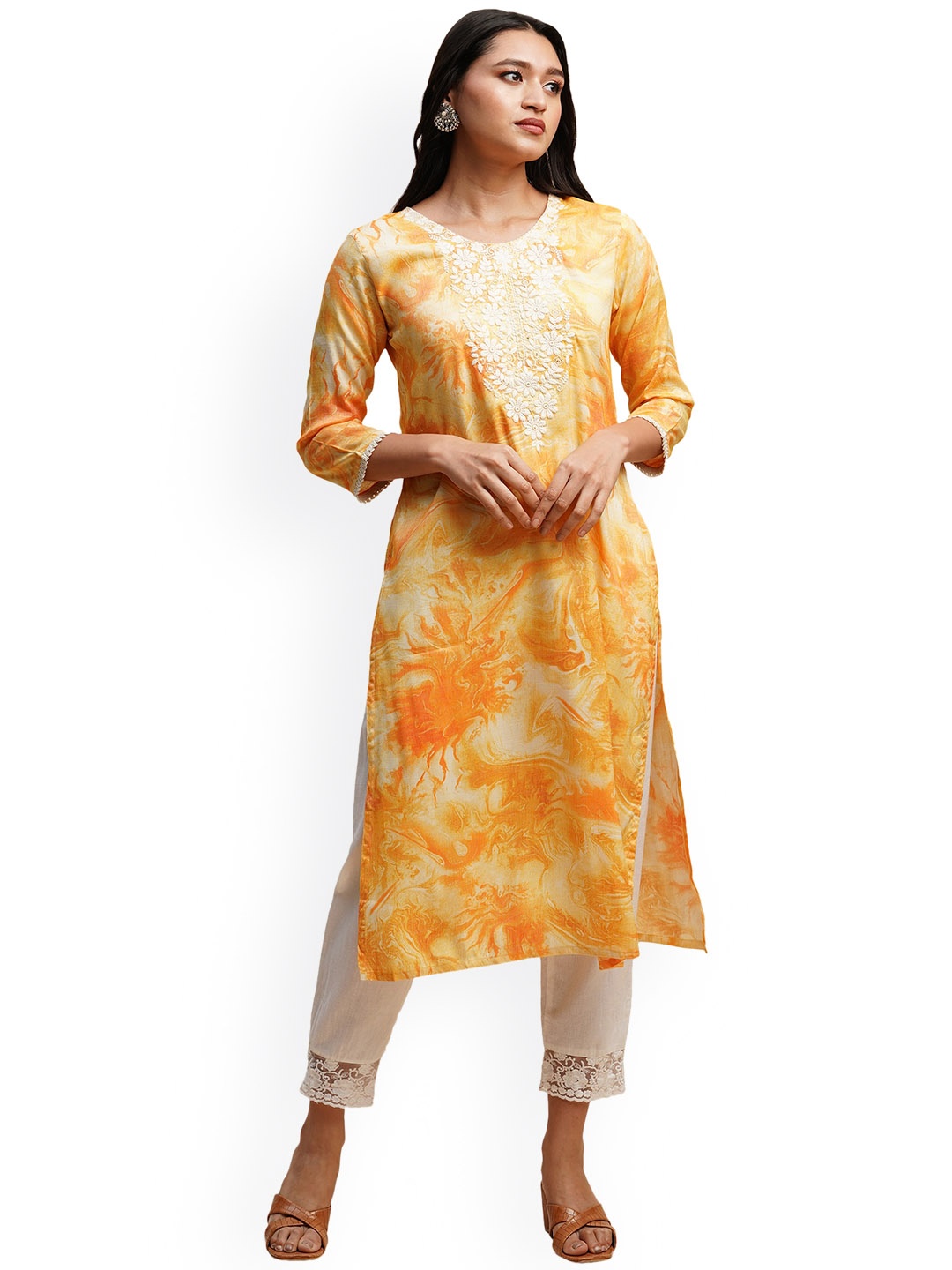 

KALINI Tie & Dye Printed Thread Work straight Kurta, Mustard