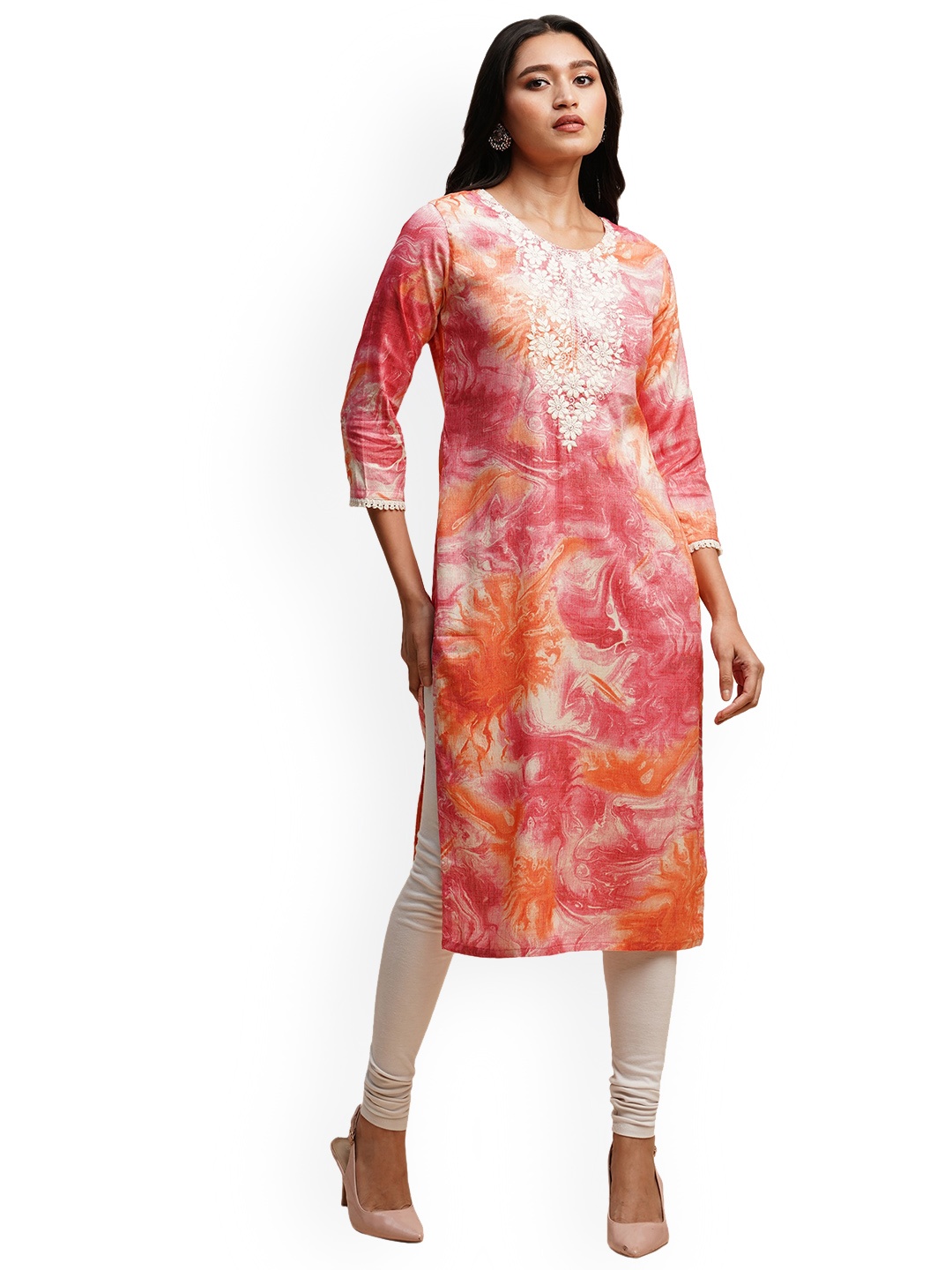 

KALINI Tie & Dye Printed Thread Work straight Kurta, Pink