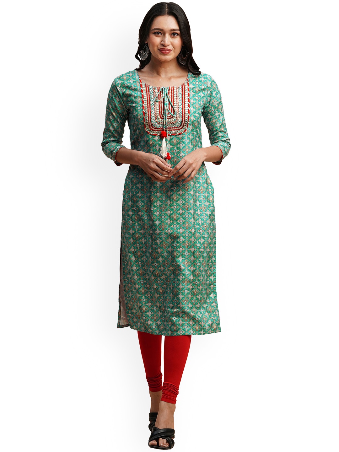 

KALINI Ethnic Motifs Printed Gotta Patti Kurta, Sea green