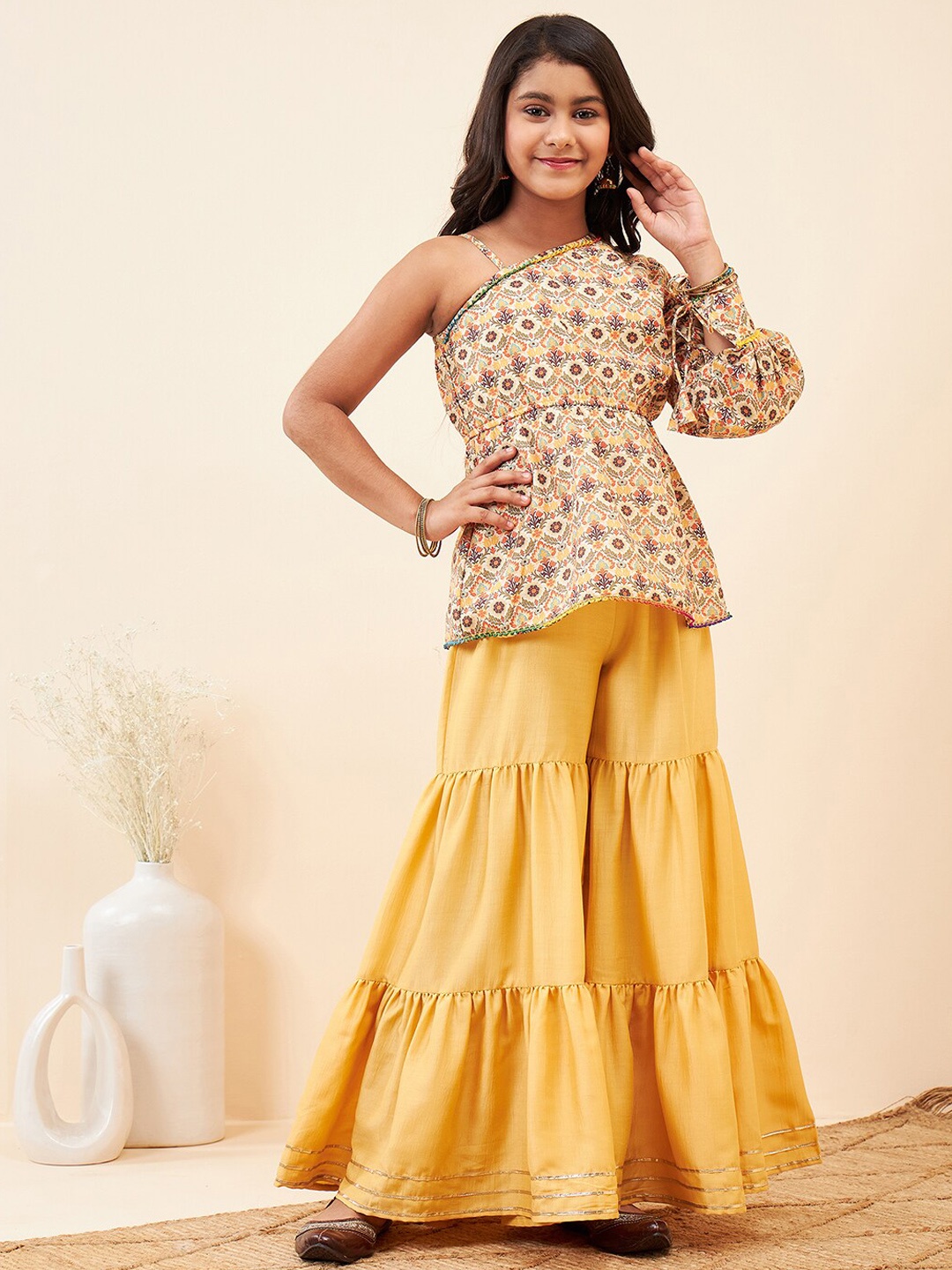 

Stylo Bug Girls Floral Printed One Shoulder Regular Top with Sharara, Yellow