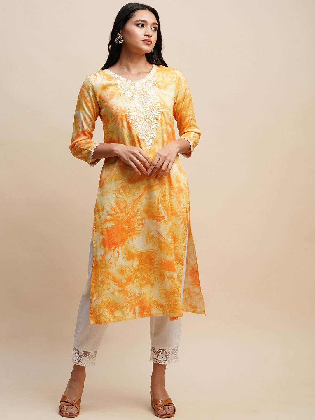 

Sangria Tie Dye Printed Straight Kurtas, Mustard