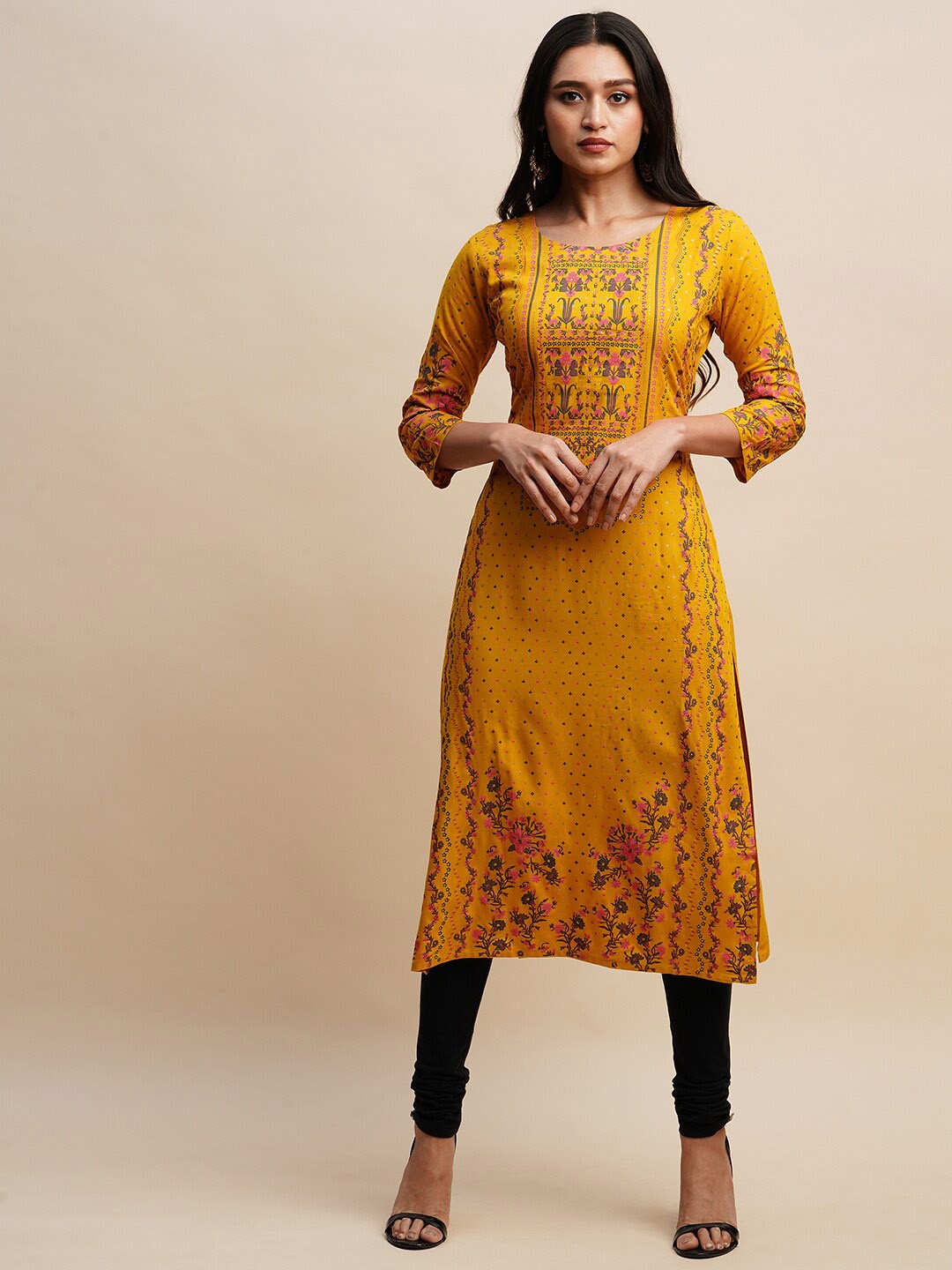 

Sangria Floral-Printed Straight Kurtas, Yellow