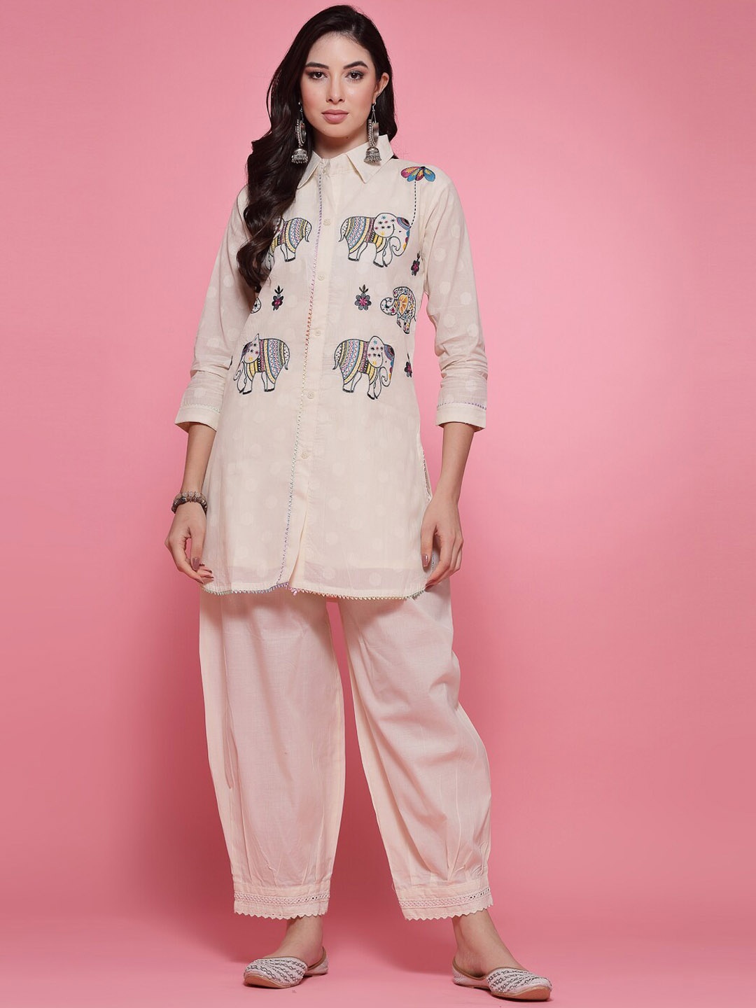 

Clora Creation Ethnic Motifs Embroidered Shirt Collar Pure Cotton Kurta With Afghani Pant, Off white