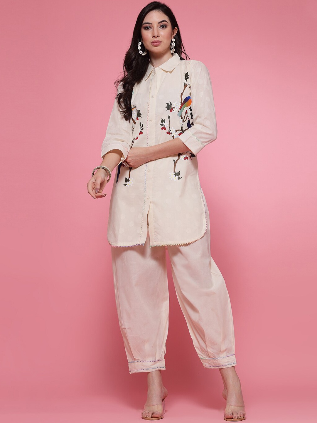 

Clora Creation Floral Embroidered Shirt Collar Pure Cotton Kurta With Afghani Pant, Off white