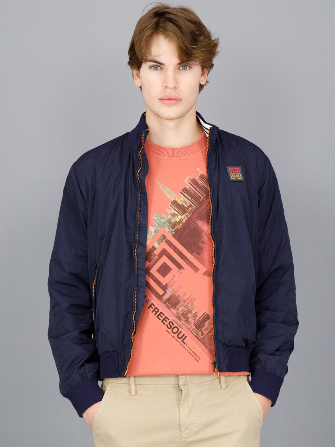

FREESOUL Stand Collar Bomber Jacket, Blue
