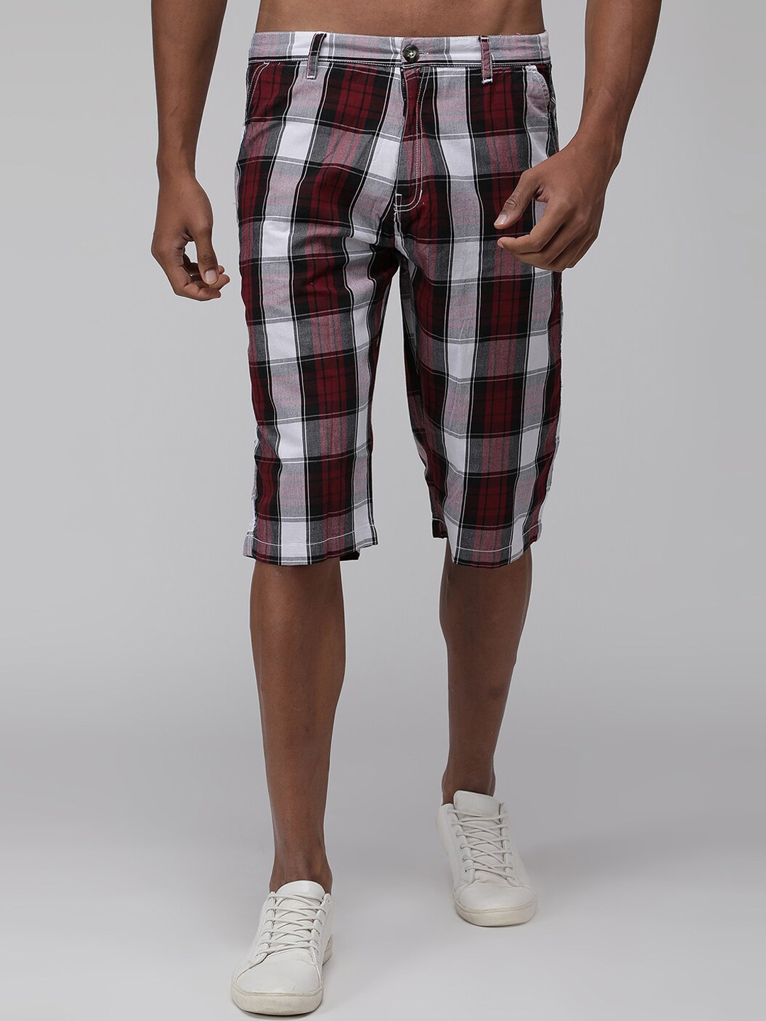 

SPORTO Men Checked Rapid-Dry Cotton Mid-Rise Shorts, Maroon