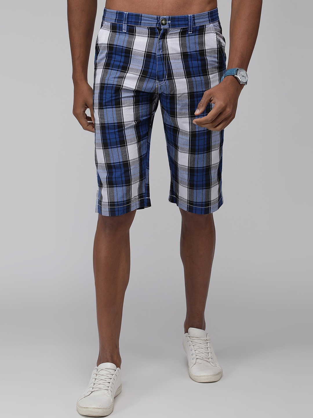 

SPORTO Men Checked Rapid-Dry Cotton Mid-Rise Shorts, Navy blue