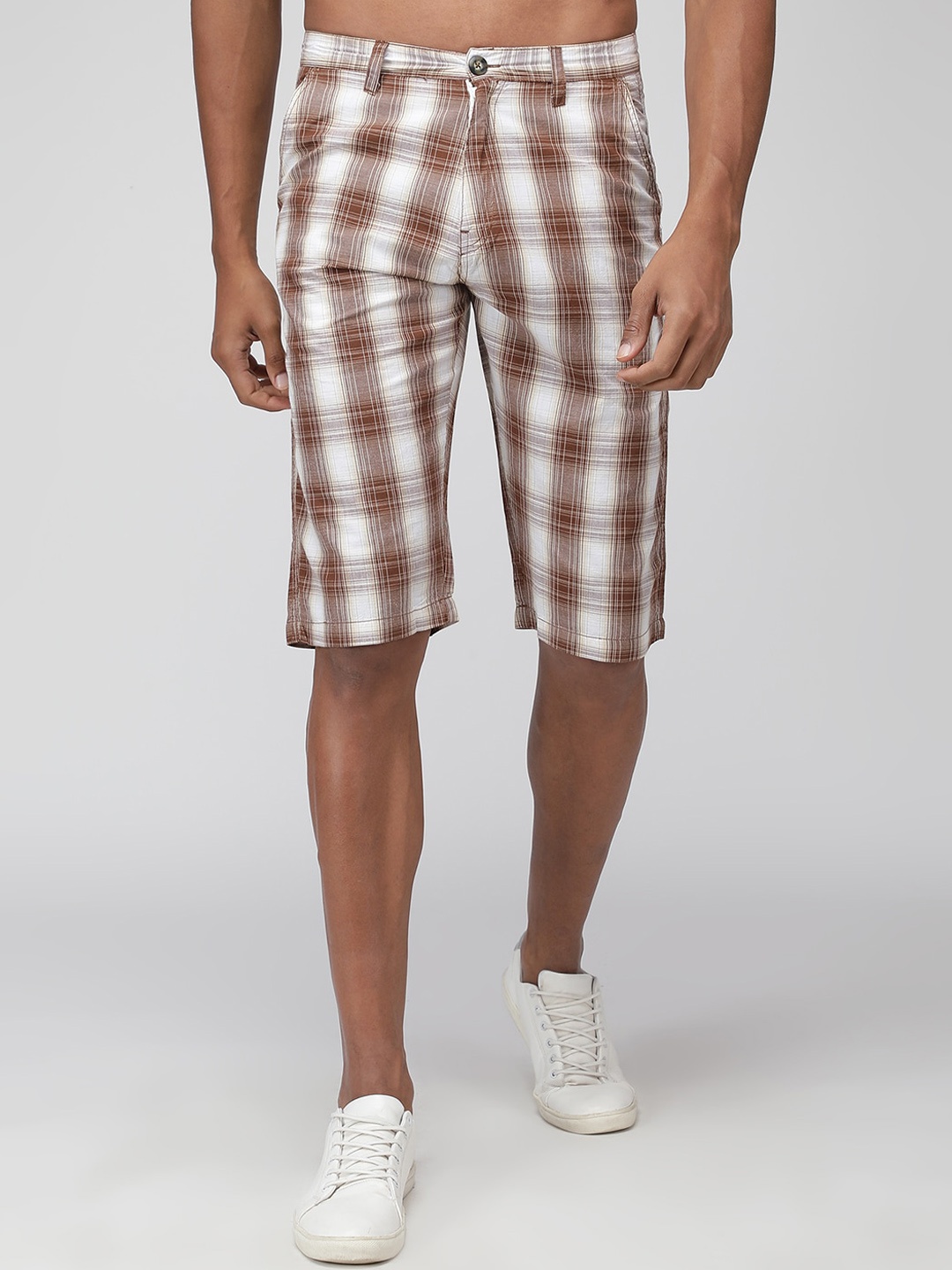 

SPORTO Checked Rapid-Dry Mid Rise Cotton Shorts, Brown