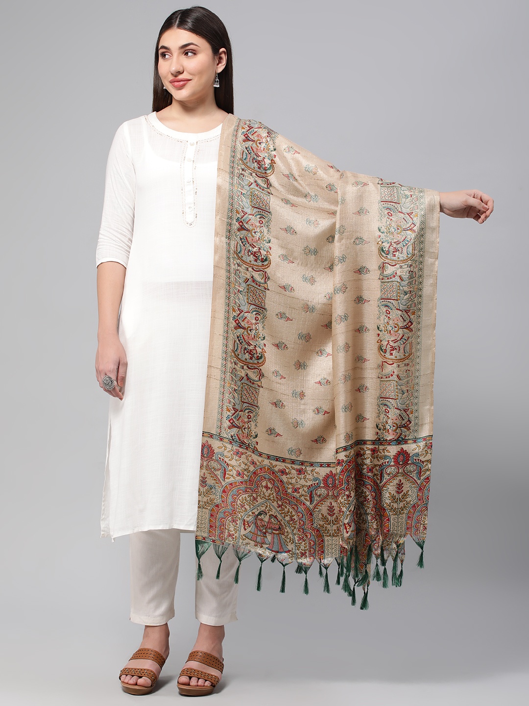 

Rani Saahiba Ethnic Motifs Printed Art Silk Block Print Dupatta, Beige