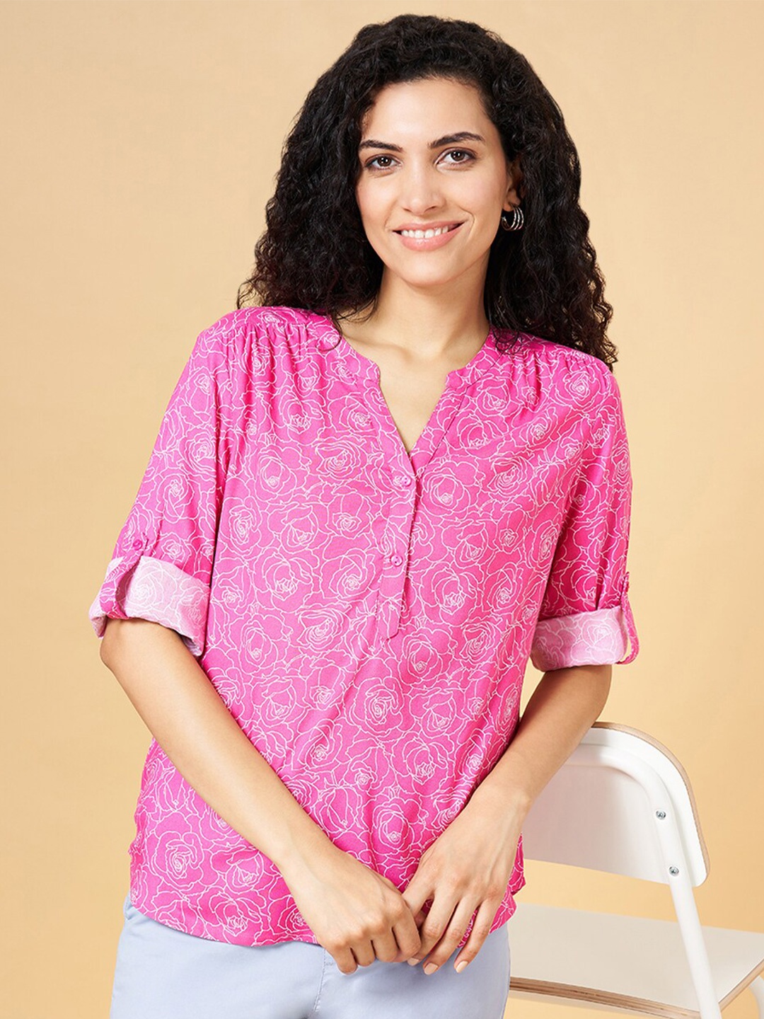 

Honey by Pantaloons Floral Printed Mandarin Collar Roll-Up Sleeves Shirt Style Top, Pink