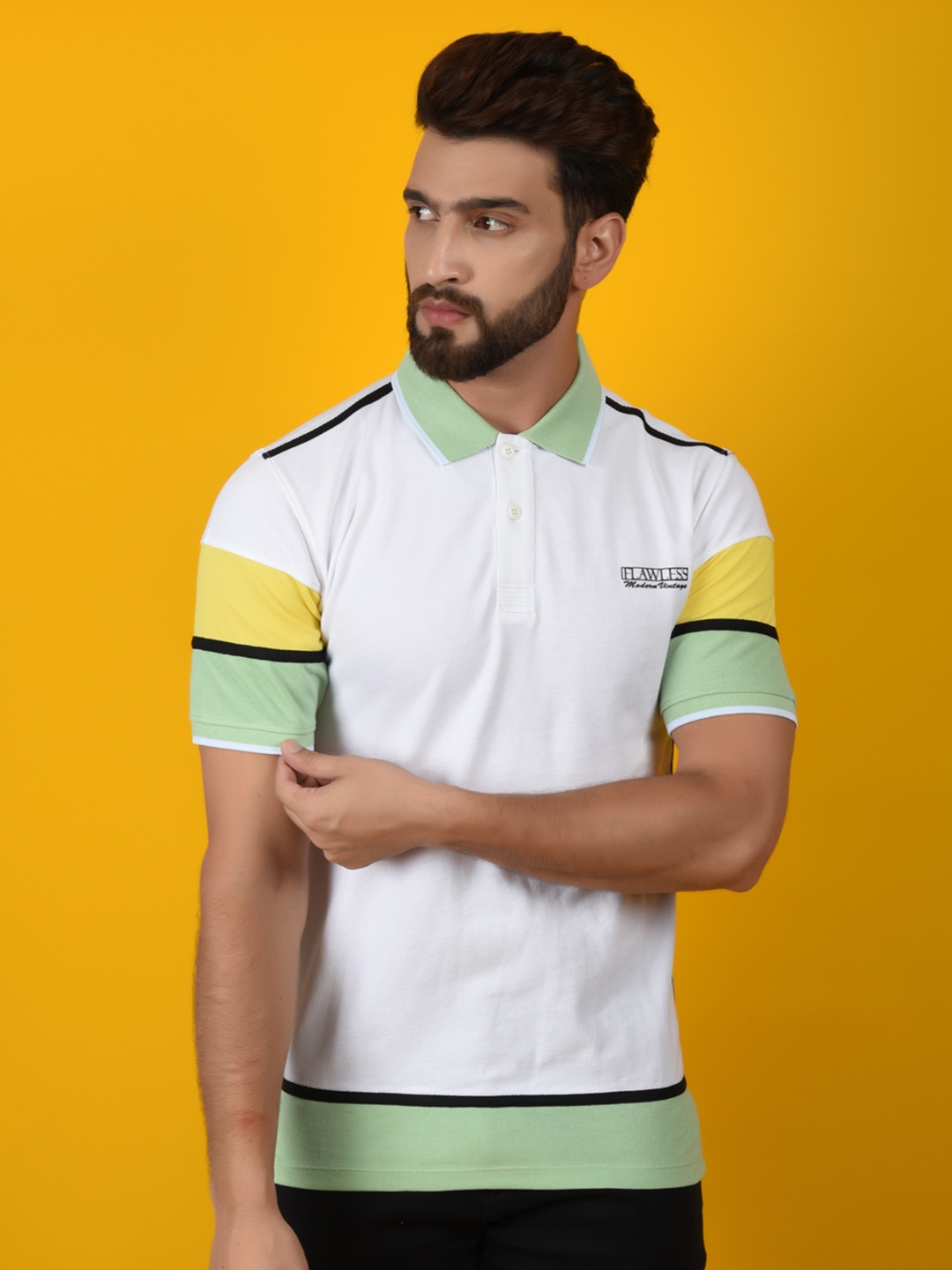 

FLAWLESS Colourblocked Polo Collar Cotton T-shirt, White