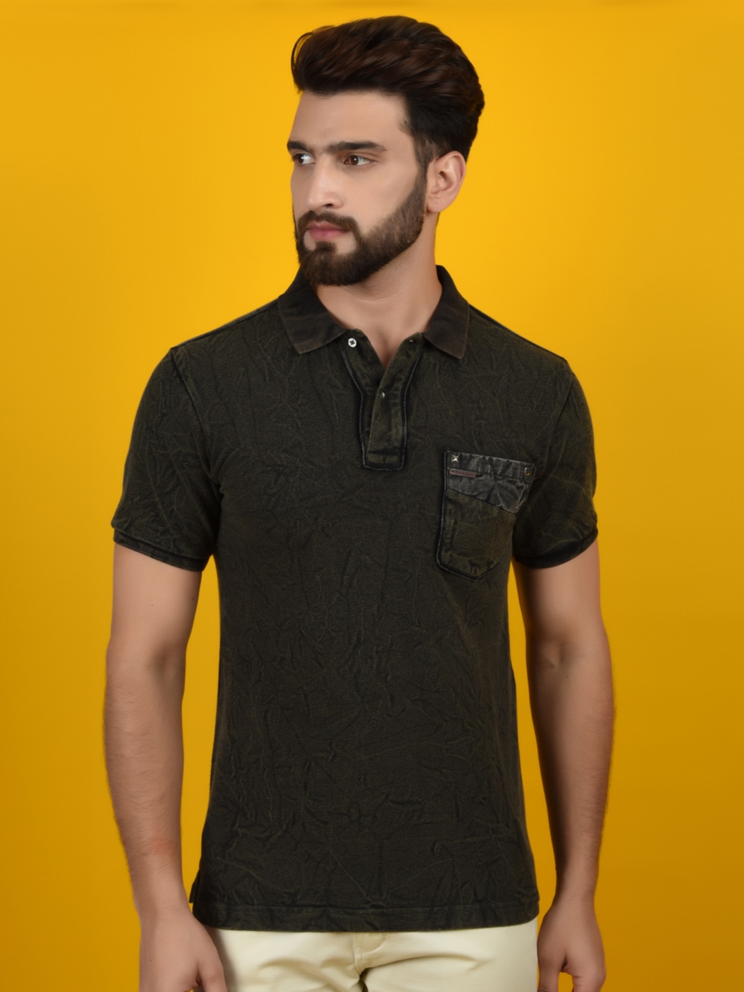 

FLAWLESS Self Design Polo Collar Cotton T-shirt, Green