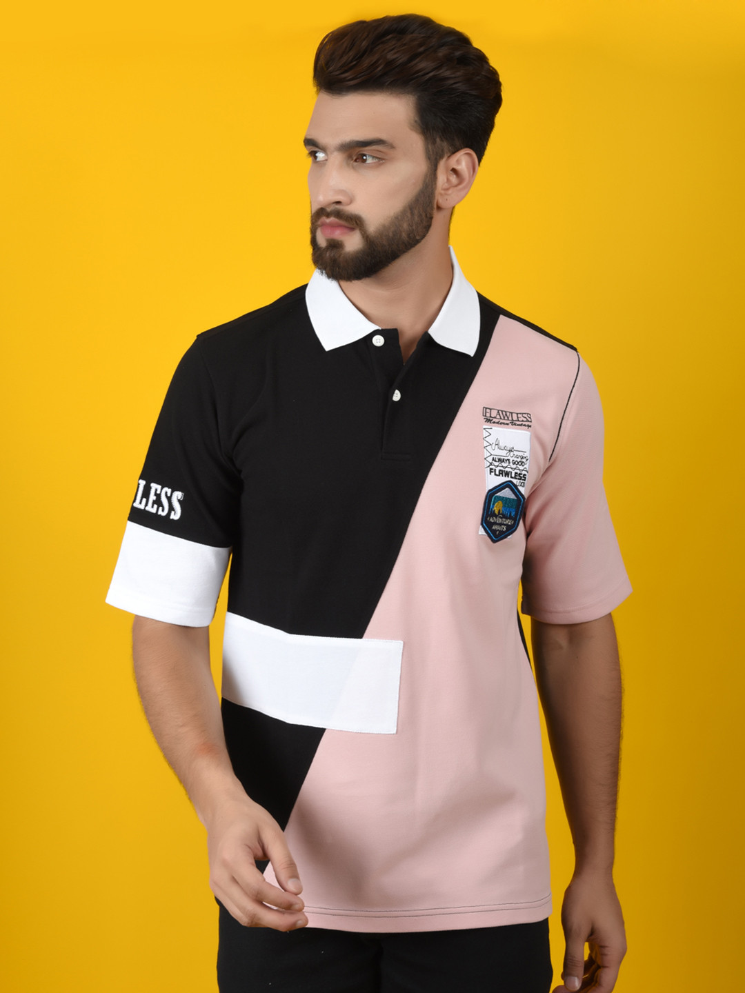 

FLAWLESS Colourblocked Polo Collar Cotton T-shirt, Pink