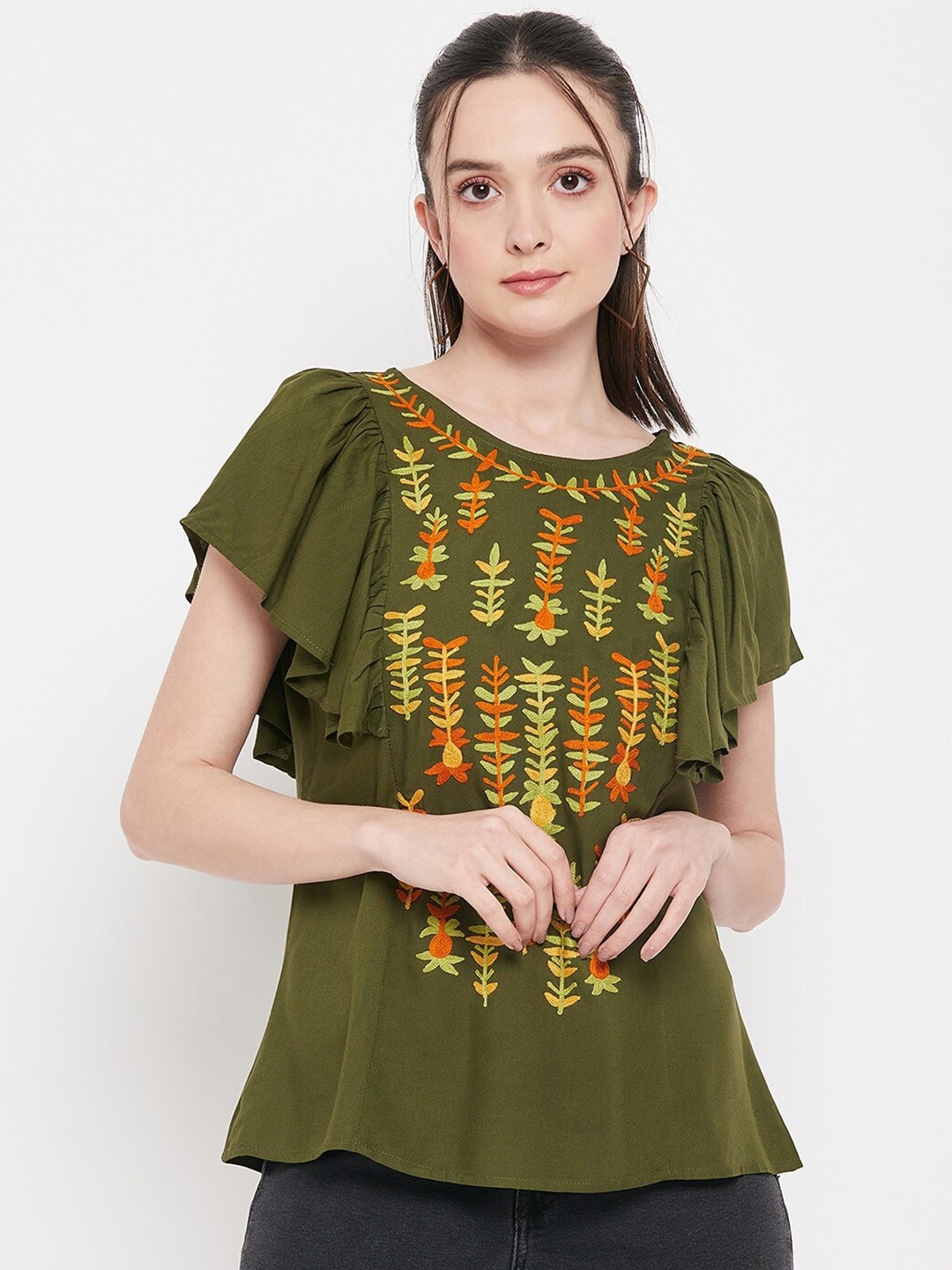 

BAESD Ethnic Motifs Embroidered Flutter Sleeves Top, Green