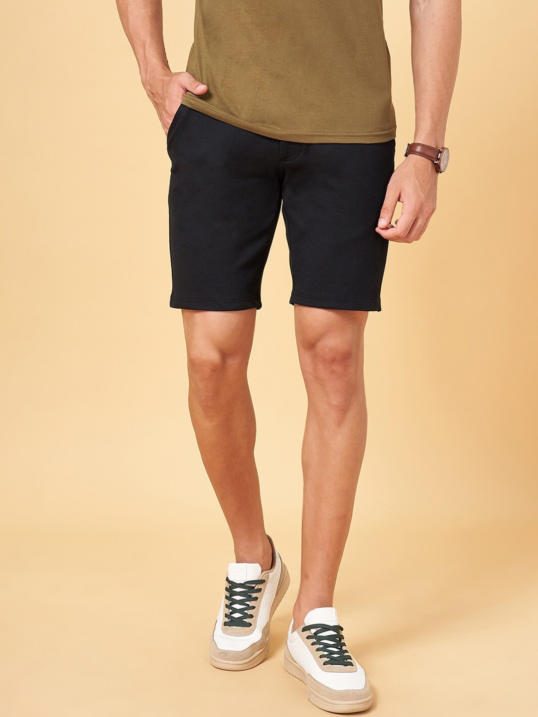 BYFORD by Pantaloons Men Mid-Rise Slim Fit Regular Shorts, Black