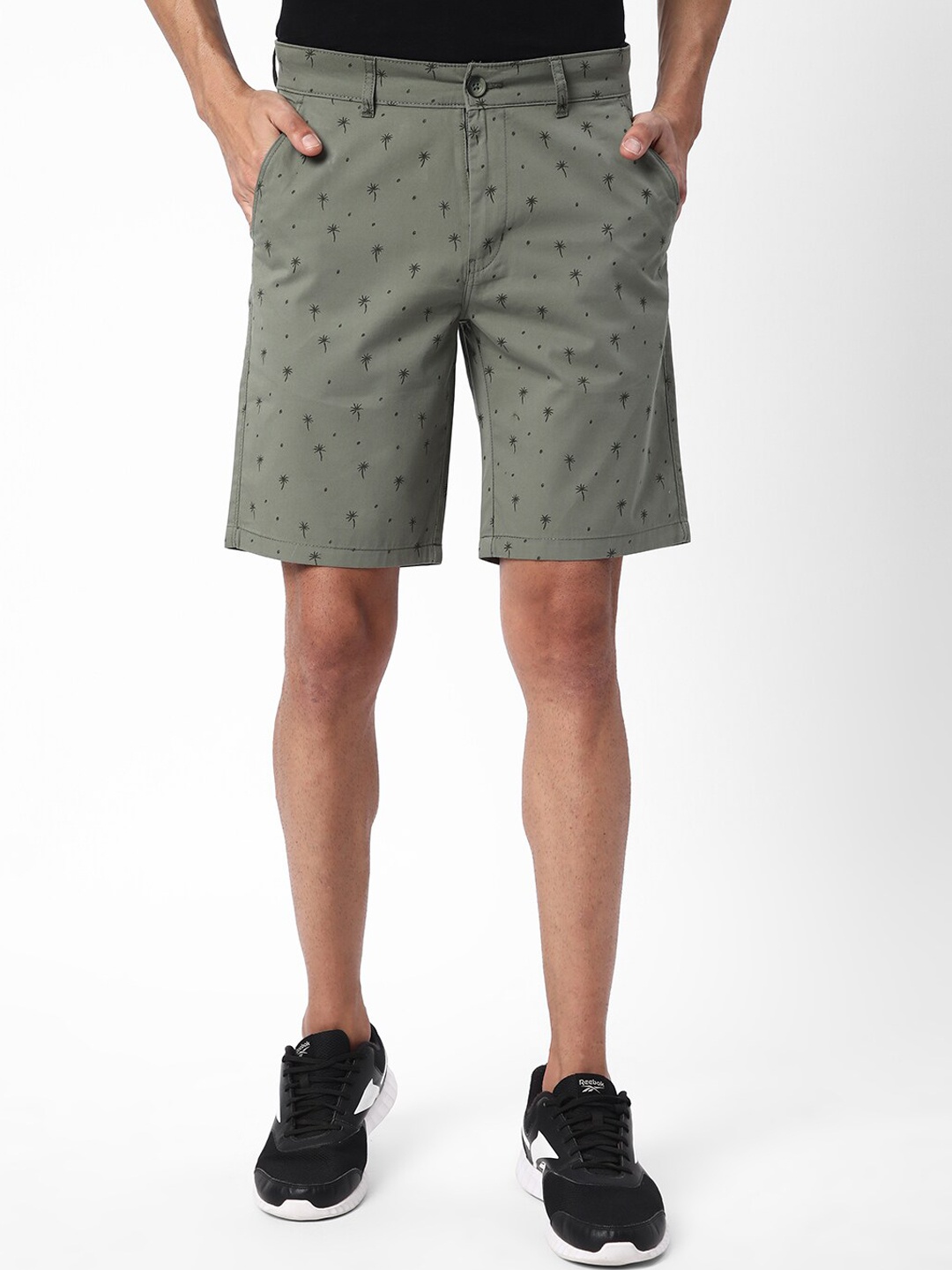 

R&B Men Conversational Printed Cotton Shorts, Olive