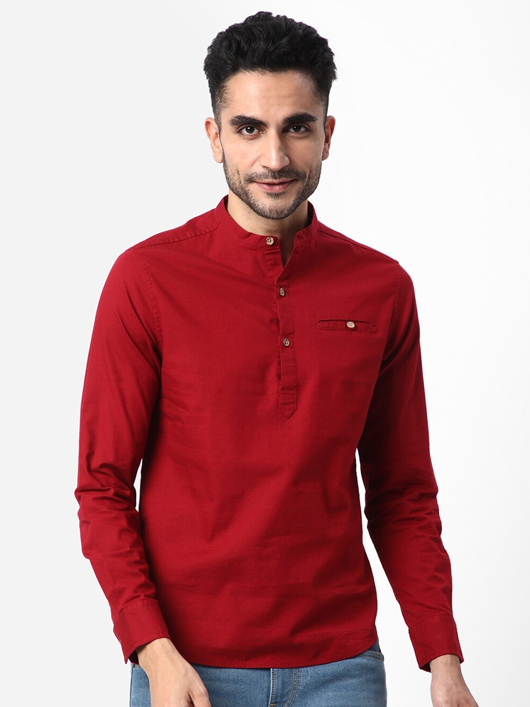 

R&B Mandarin Collar Opaque Cotton Casual Shirt, Maroon
