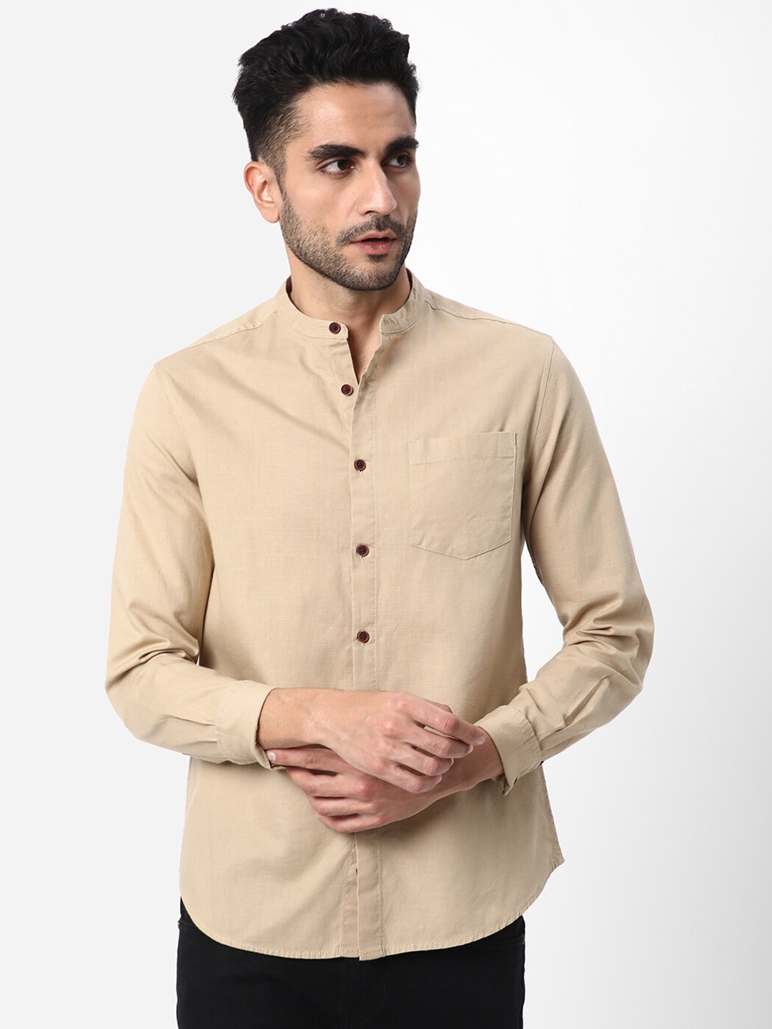 

R&B Mandarin Collar Opaque Cotton Casual Shirt, Beige