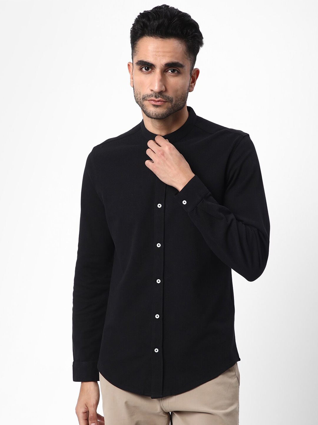 

R&B Mandarin Collar Opaque Cotton Casual Shirt, Black