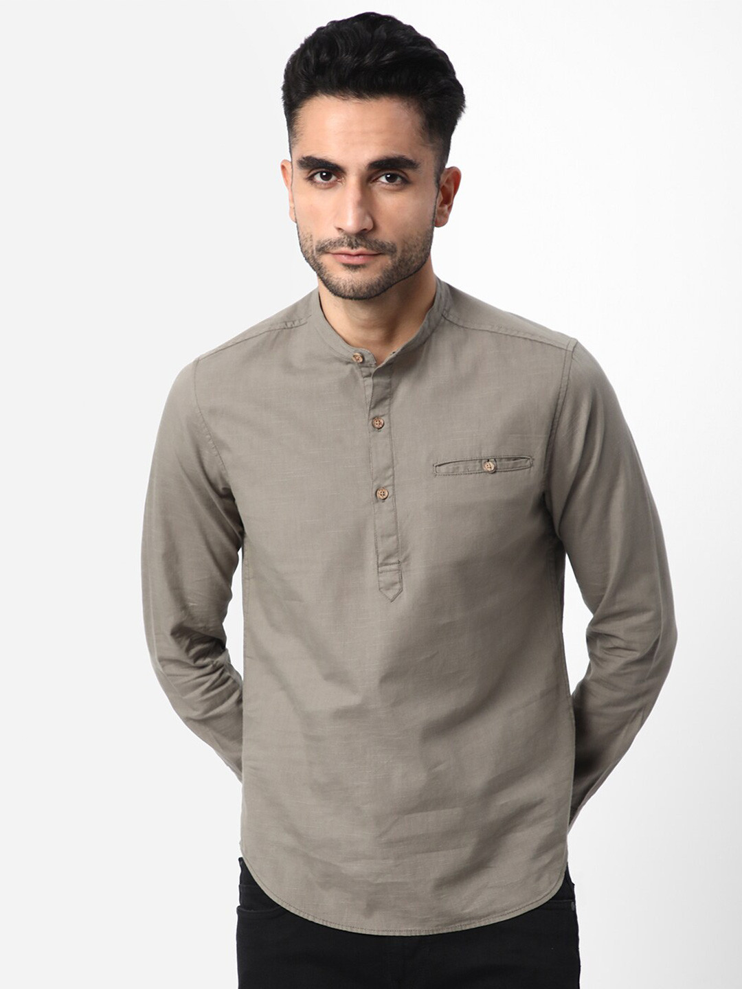

R&B Mandarin Collar Opaque Cotton Casual Shirt, Grey