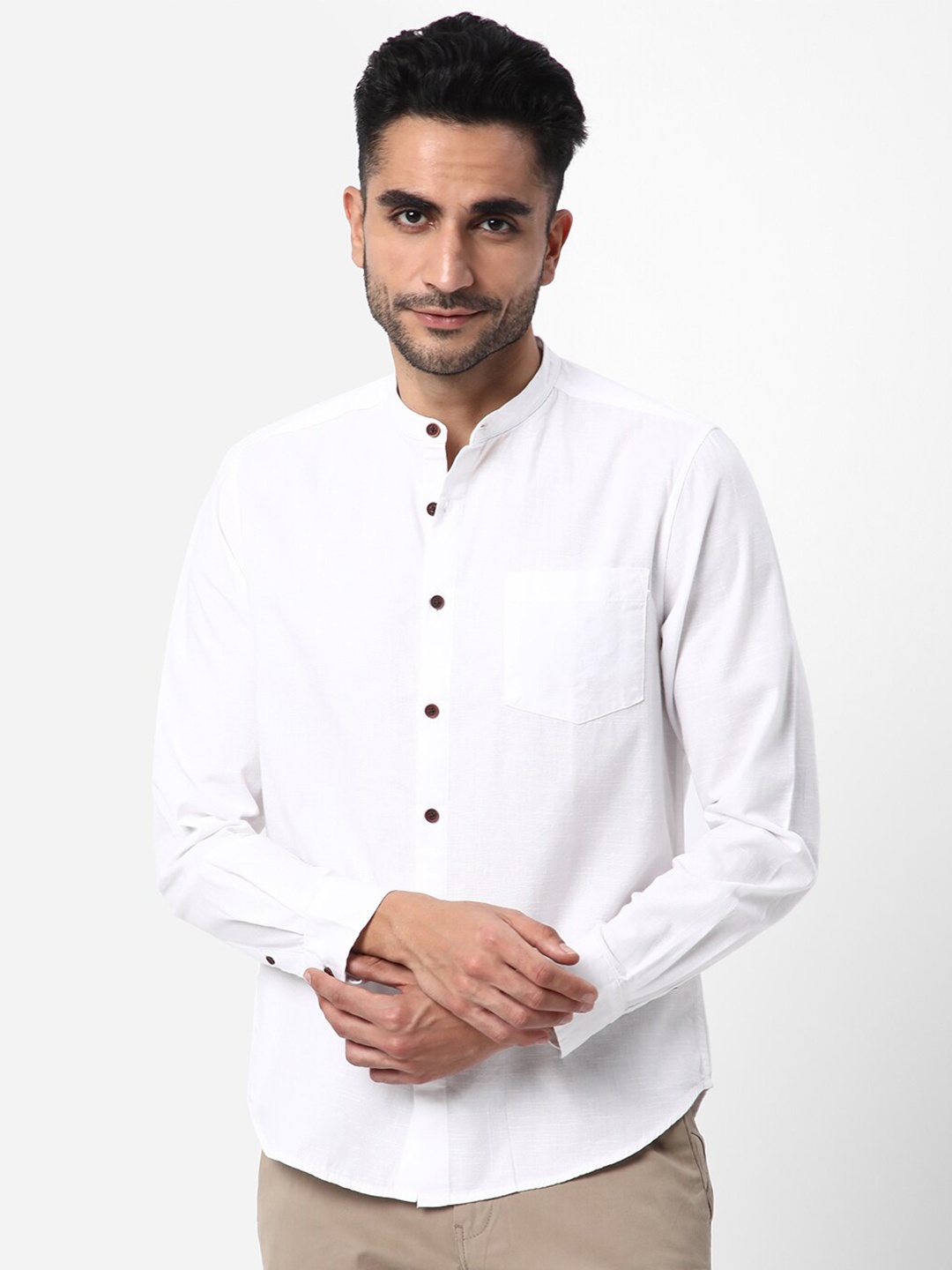 

R&B Mandarin Collar Opaque Cotton Casual Shirt, White