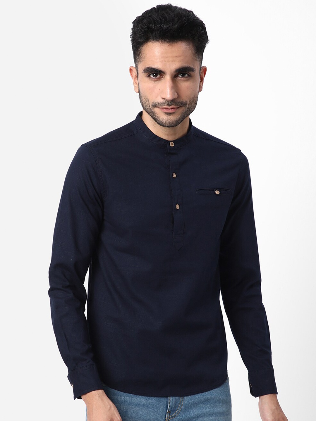 

R&B Mandarin Collar Opaque Cotton Casual Shirt, Blue