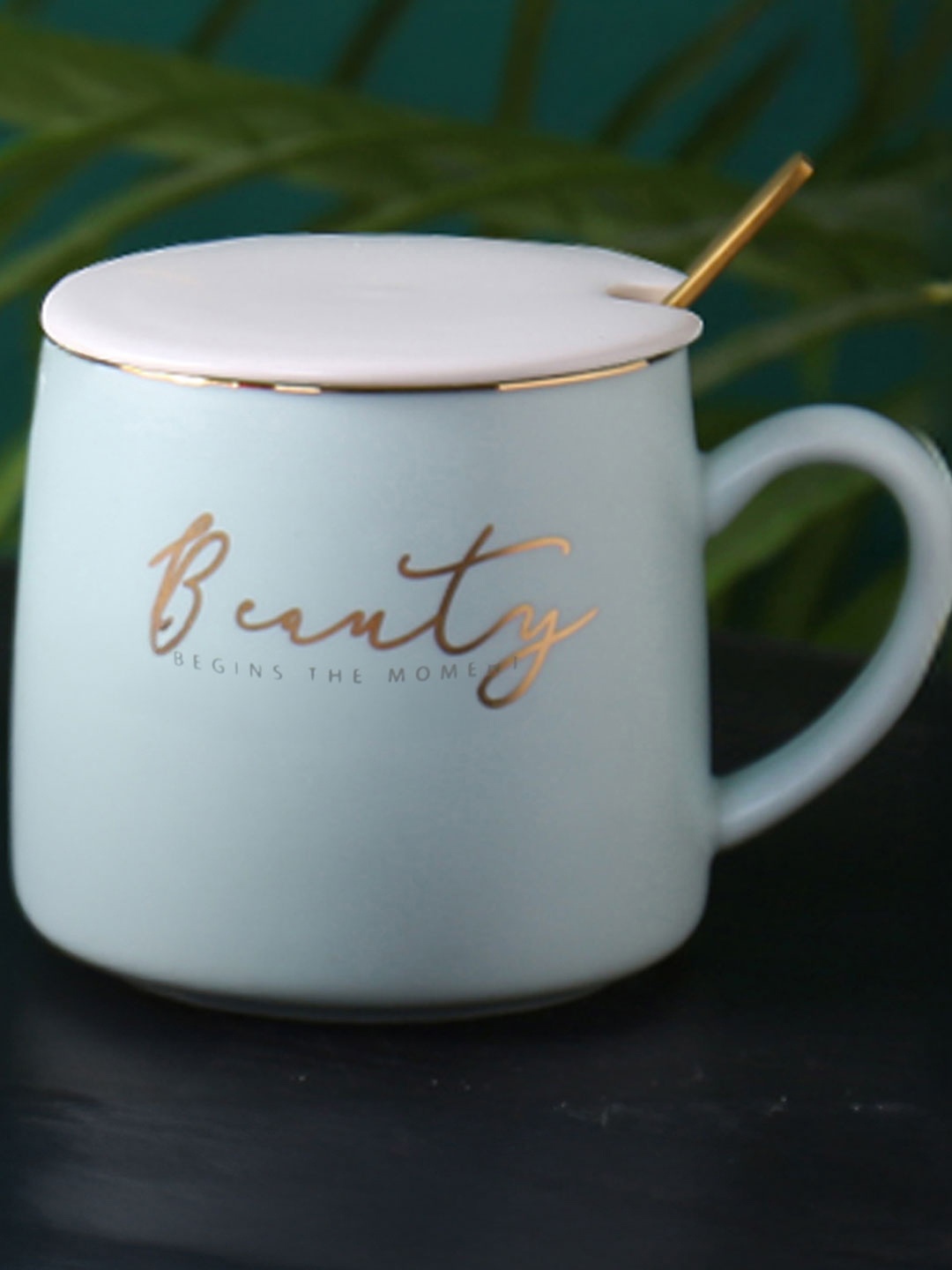 

BonZeaL Blue Printed Ceramic Matte Mug With Lid Spoon 300ml