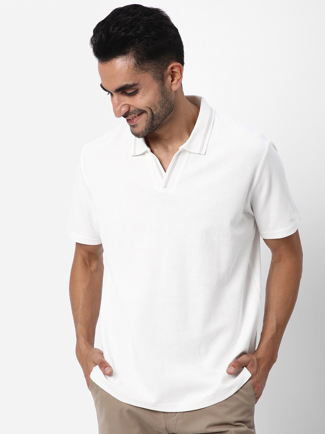 

R&B Pollo Collar Cotton T-Shirt, White