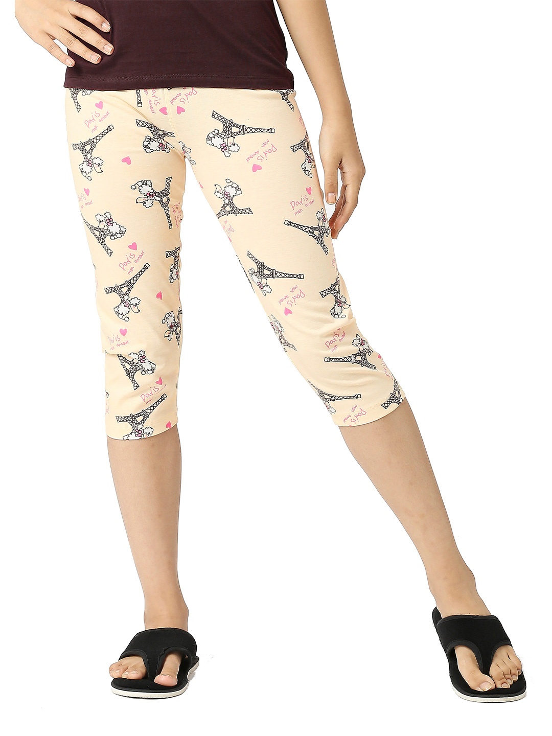 

SINI MINI Girls Printed Pure Cotton Capris, Beige