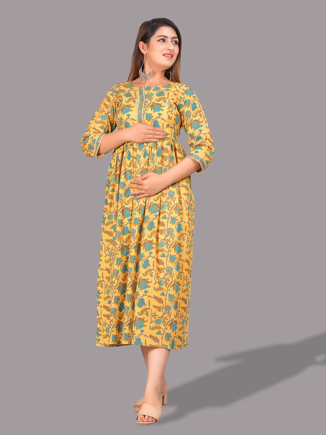 

UNIBLISS Floral Printed Cotton Maternity Feeding A-Line Midi Dress, Yellow