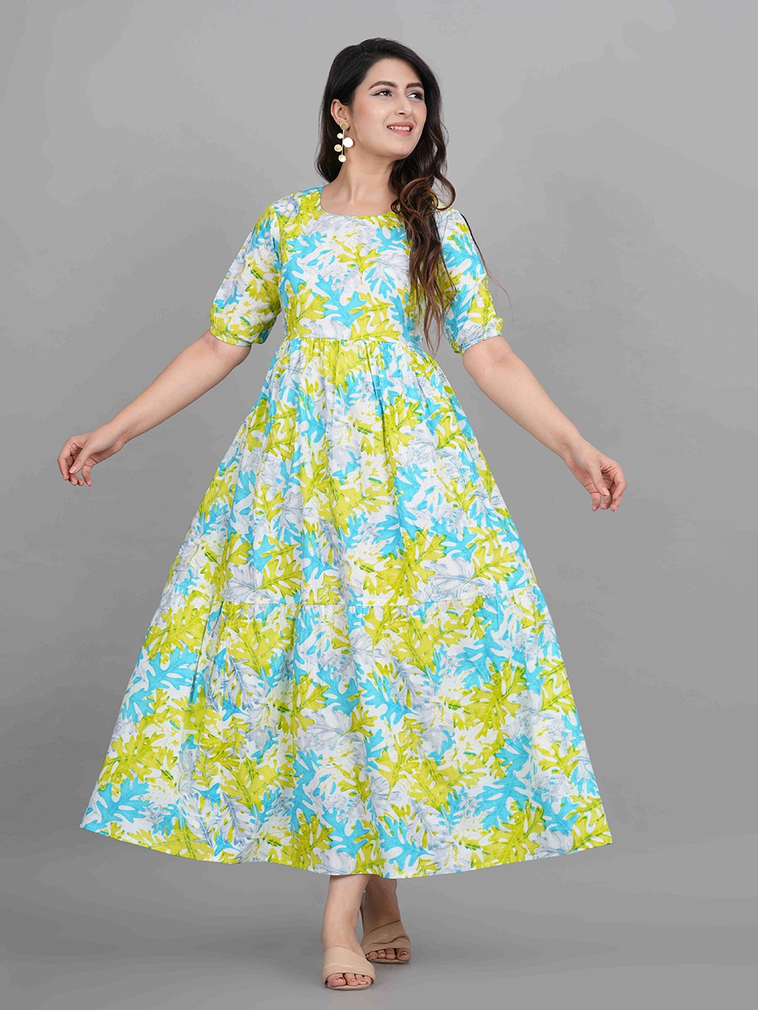

UNIBLISS Floral Printed Cotton Maternity Feeding A-Line Midi Dress, Yellow