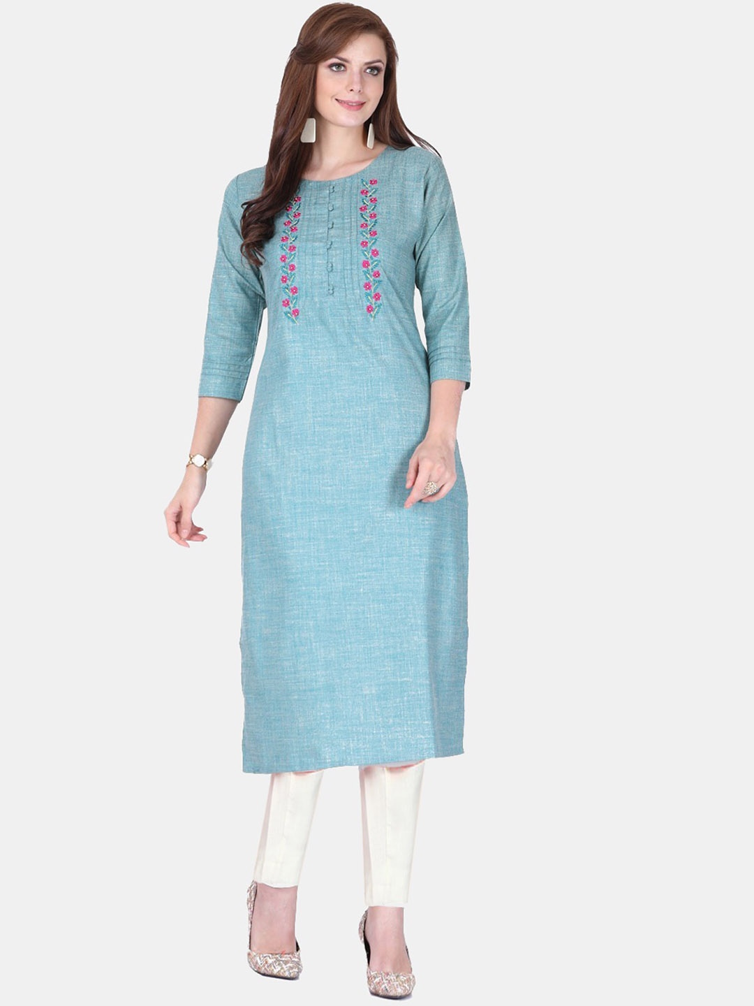 

FEMMIBELLA Floral Embroidered Thread Work Straight Kurta, Blue