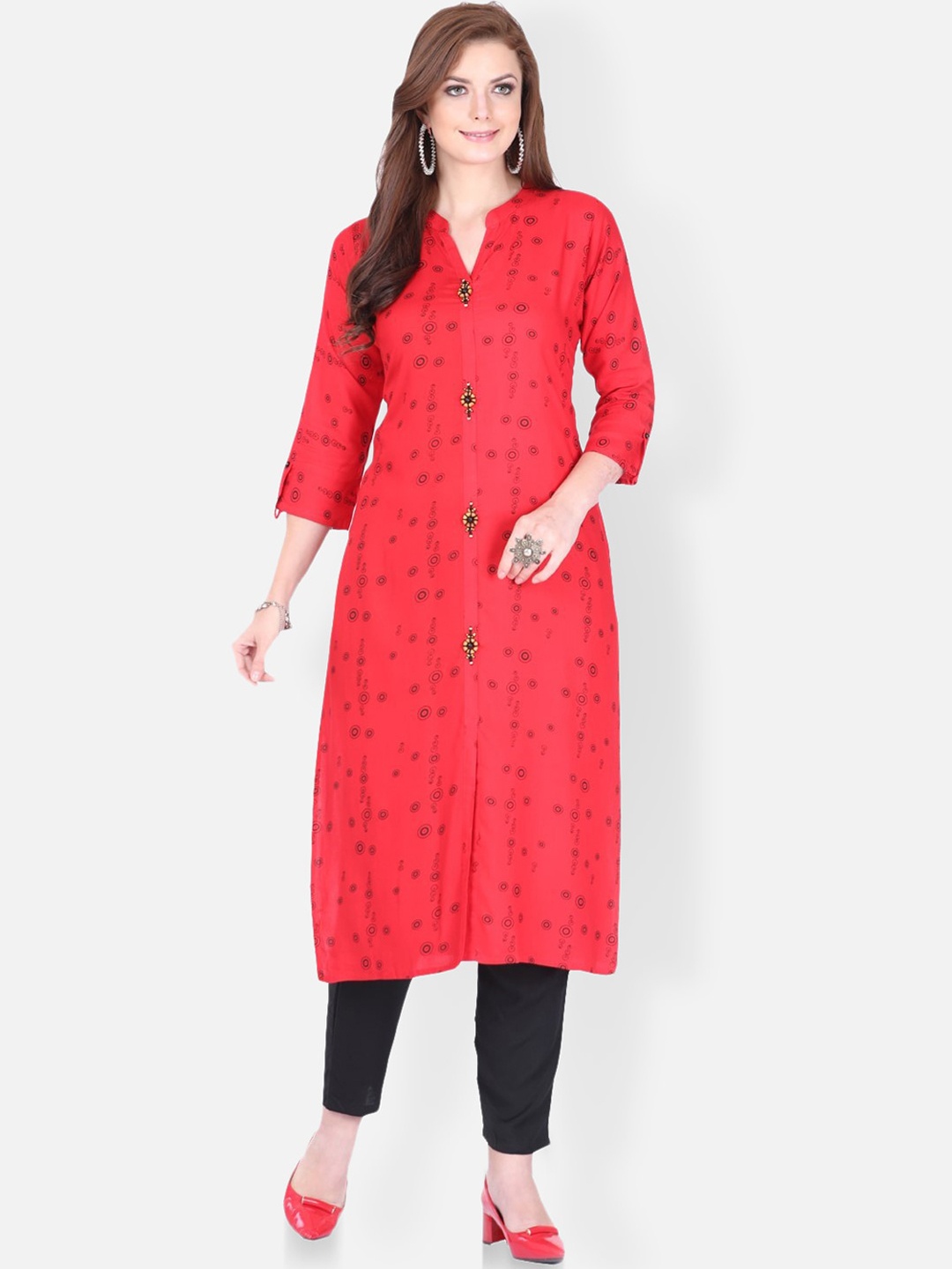 

FEMMIBELLA Geometric Printed Straight Kurta, Red