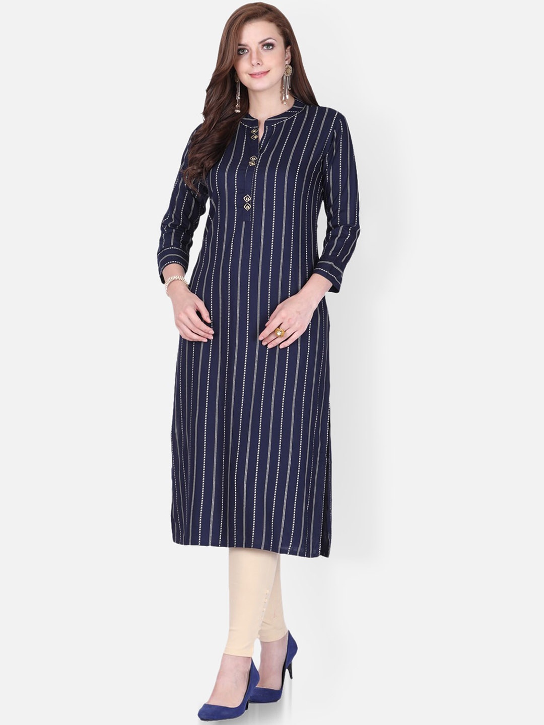 

FEMMIBELLA Striped Mandarin Collar Straight Kurta, Navy blue