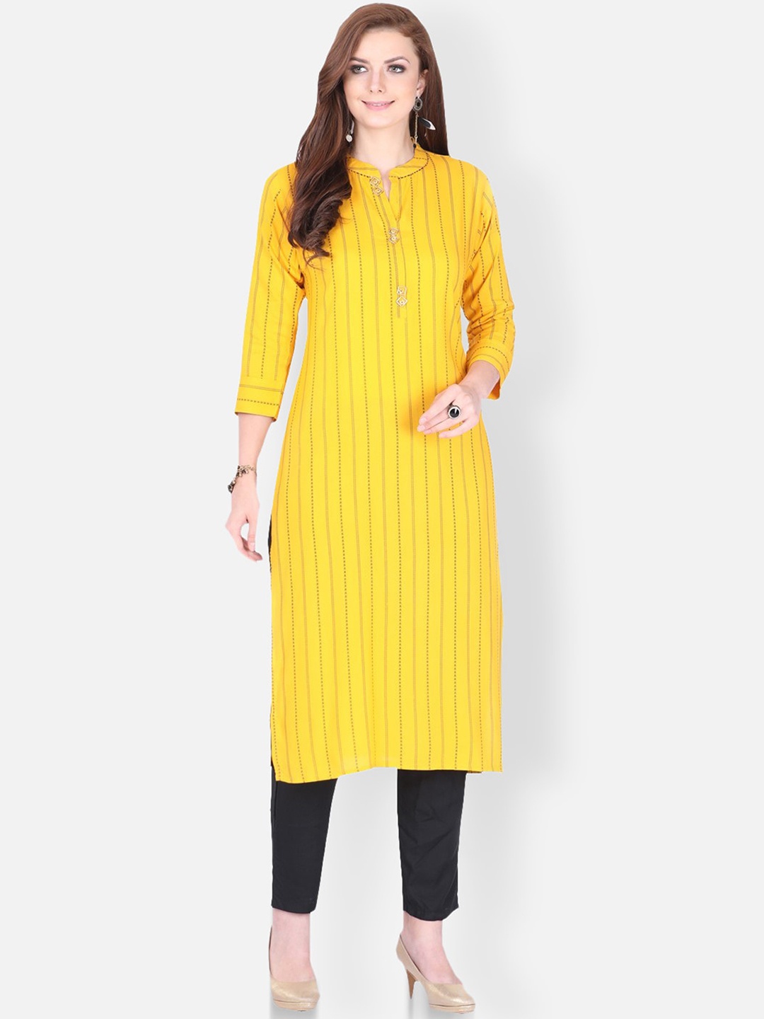 

FEMMIBELLA Striped Mandarin Collar Straight Kurta, Yellow